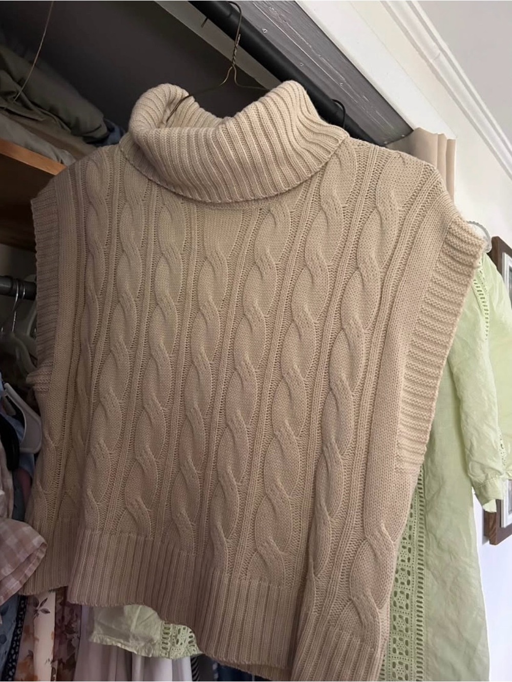 Cable Knit Turtleneck Sleeveless Sweater - Beige